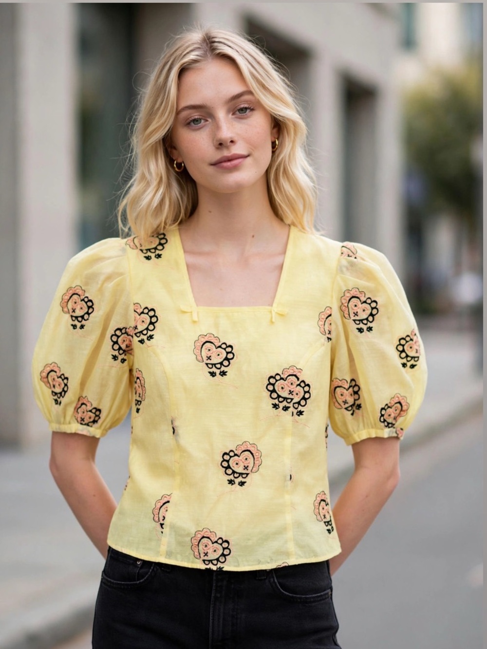 Shrimps || Embroidered Puff Sleeve Blouse Floral Hearts Yellow UK 6 US 2